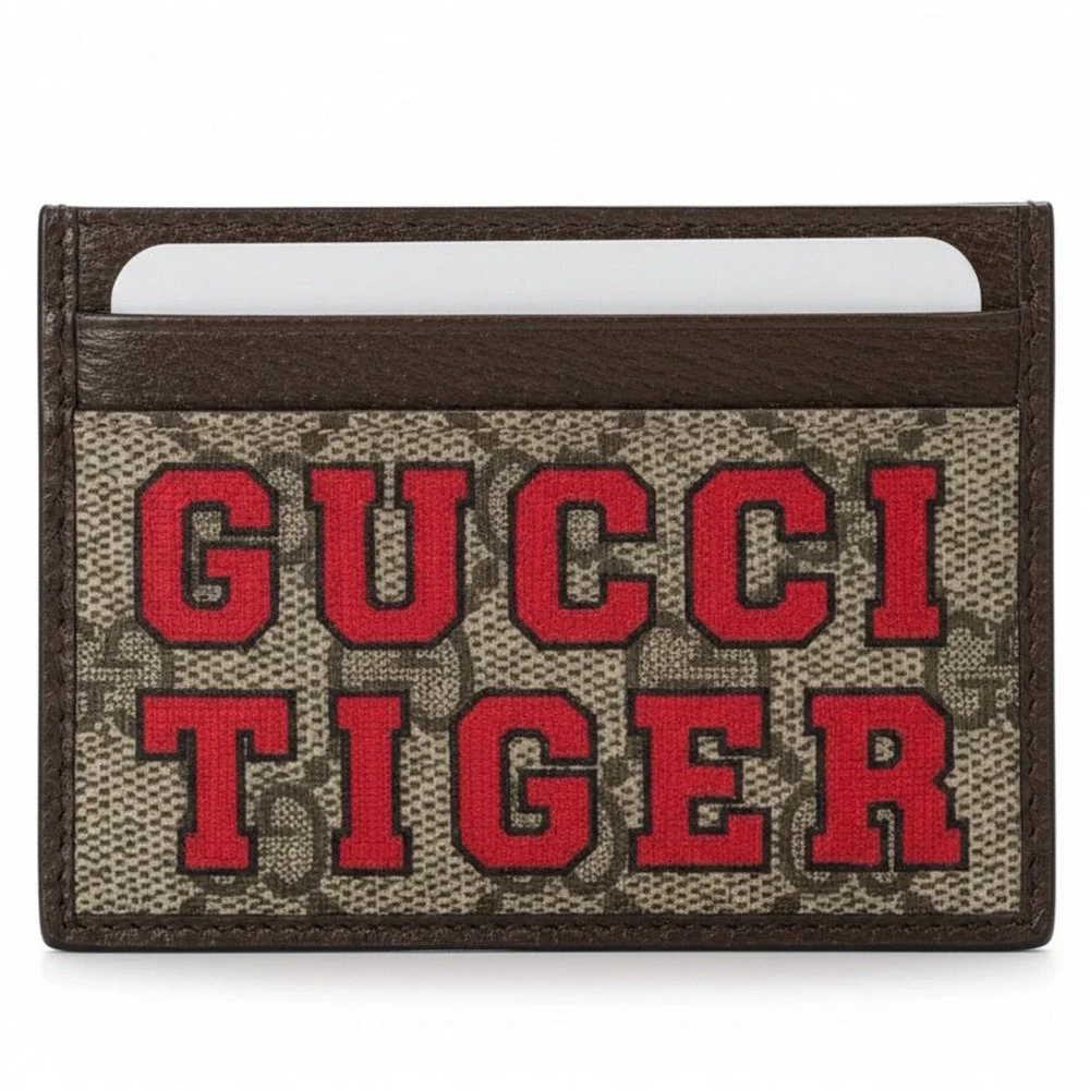 Gucci Tiger GG Monogram Card Case Red Brown Spellout Striped Luxury New in Box